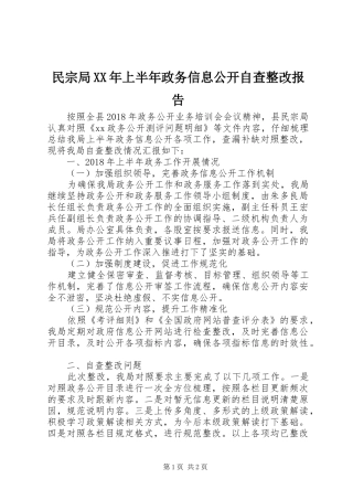 民宗局XX年上半年政务信息公开自查整改报告