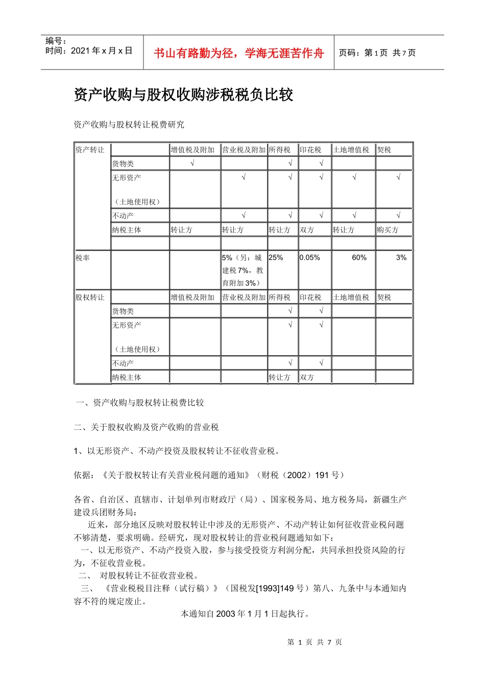 资产收购与股权收购涉税税负比较_第1页