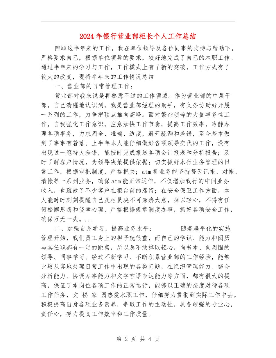 2024年银行营业部柜长个人工作总结_第2页