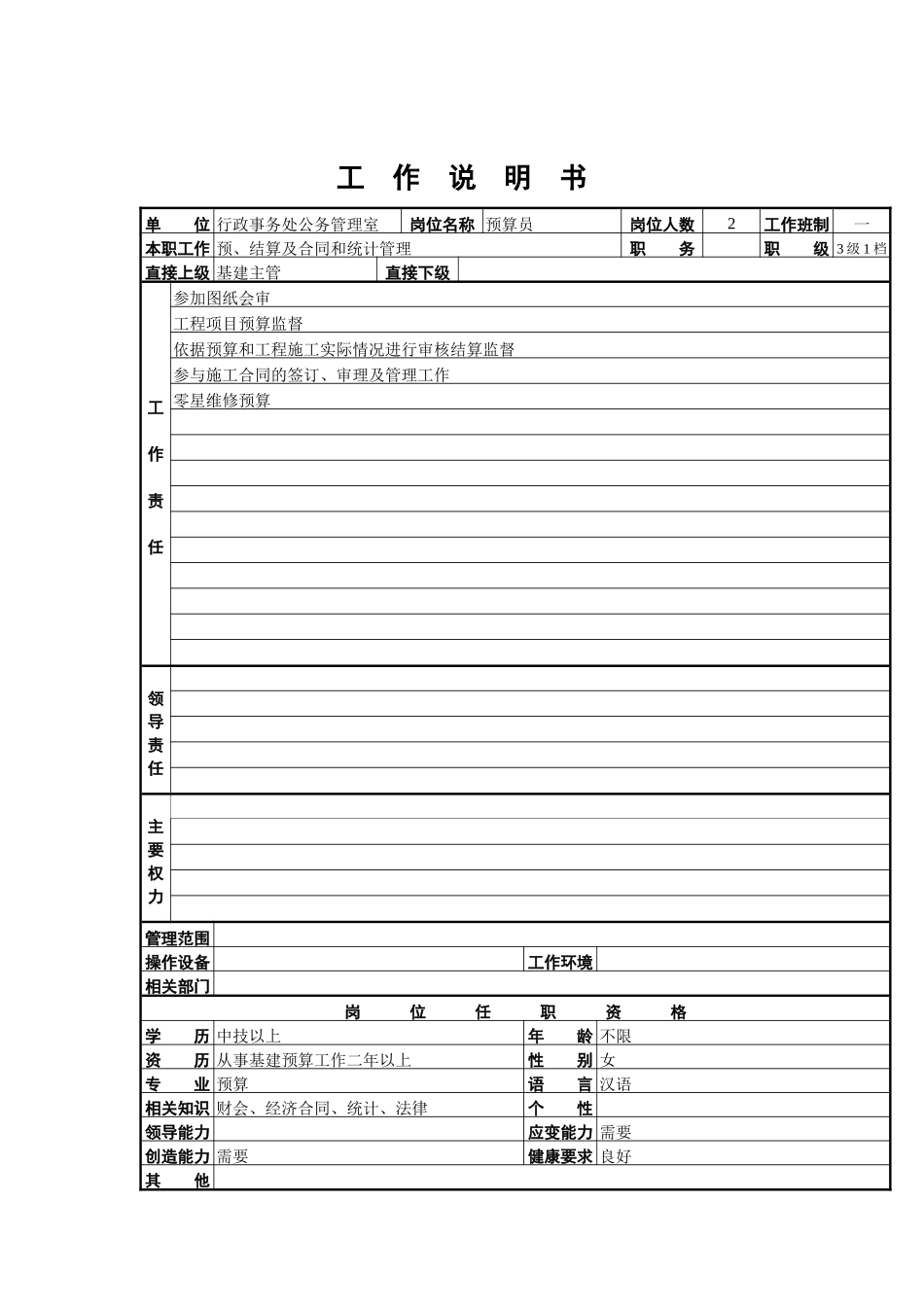 预算员工作说明书_第1页