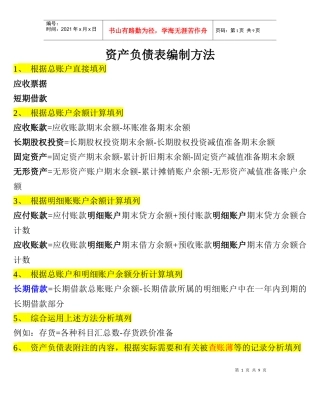 资产负债表编制方法
