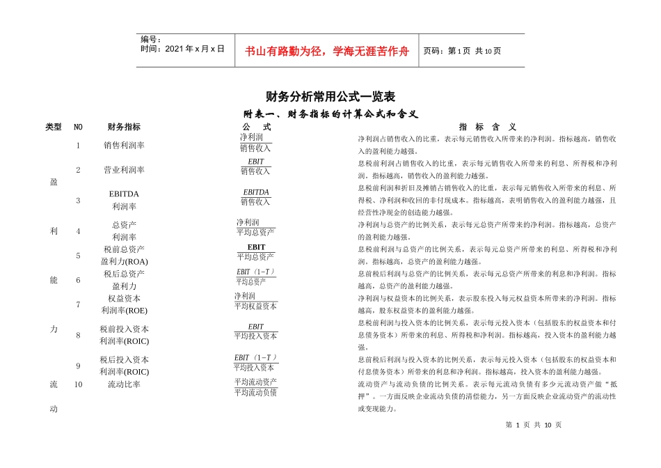 财务分析与常用公式管理知识一览表_第1页