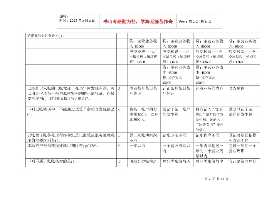 XXXX年会计从业资格考试《基础会计》真题答案_第2页