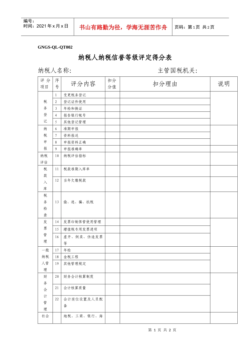 GNGS-QL-QT002纳税人纳税信誉等级评定得分表_第1页