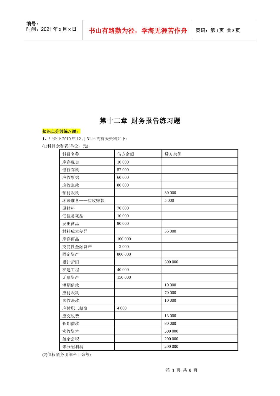 财务报告练习题汇编_第1页