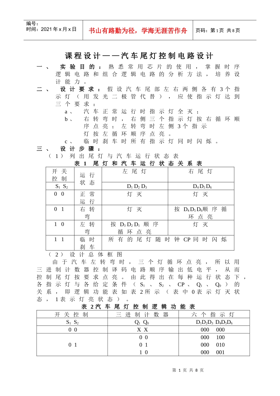 汽车尾灯控制电路设计(09修改)_第1页