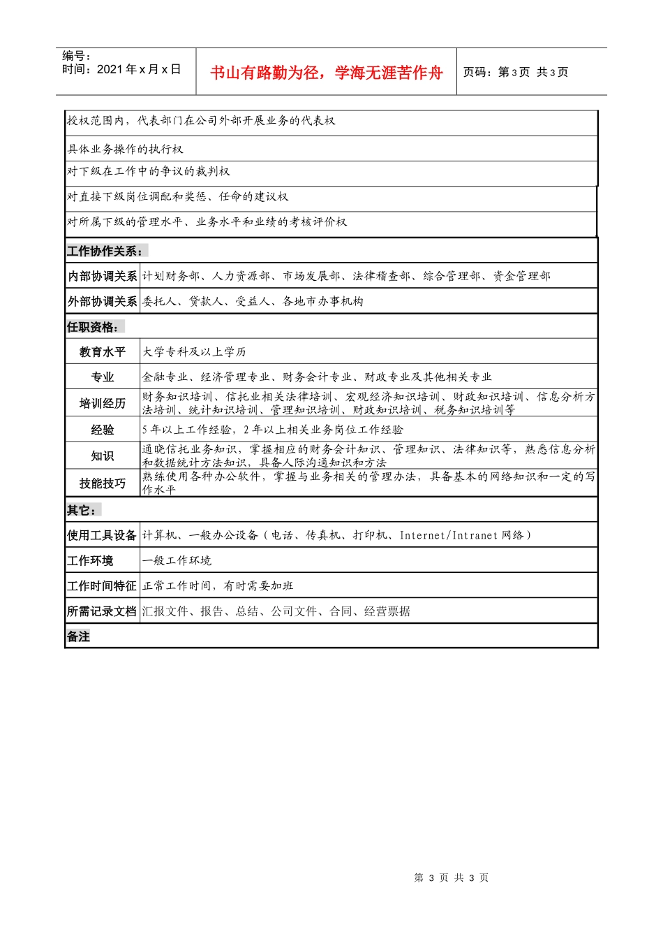 信托投资公司机构信托部副经理职务说明书_第3页