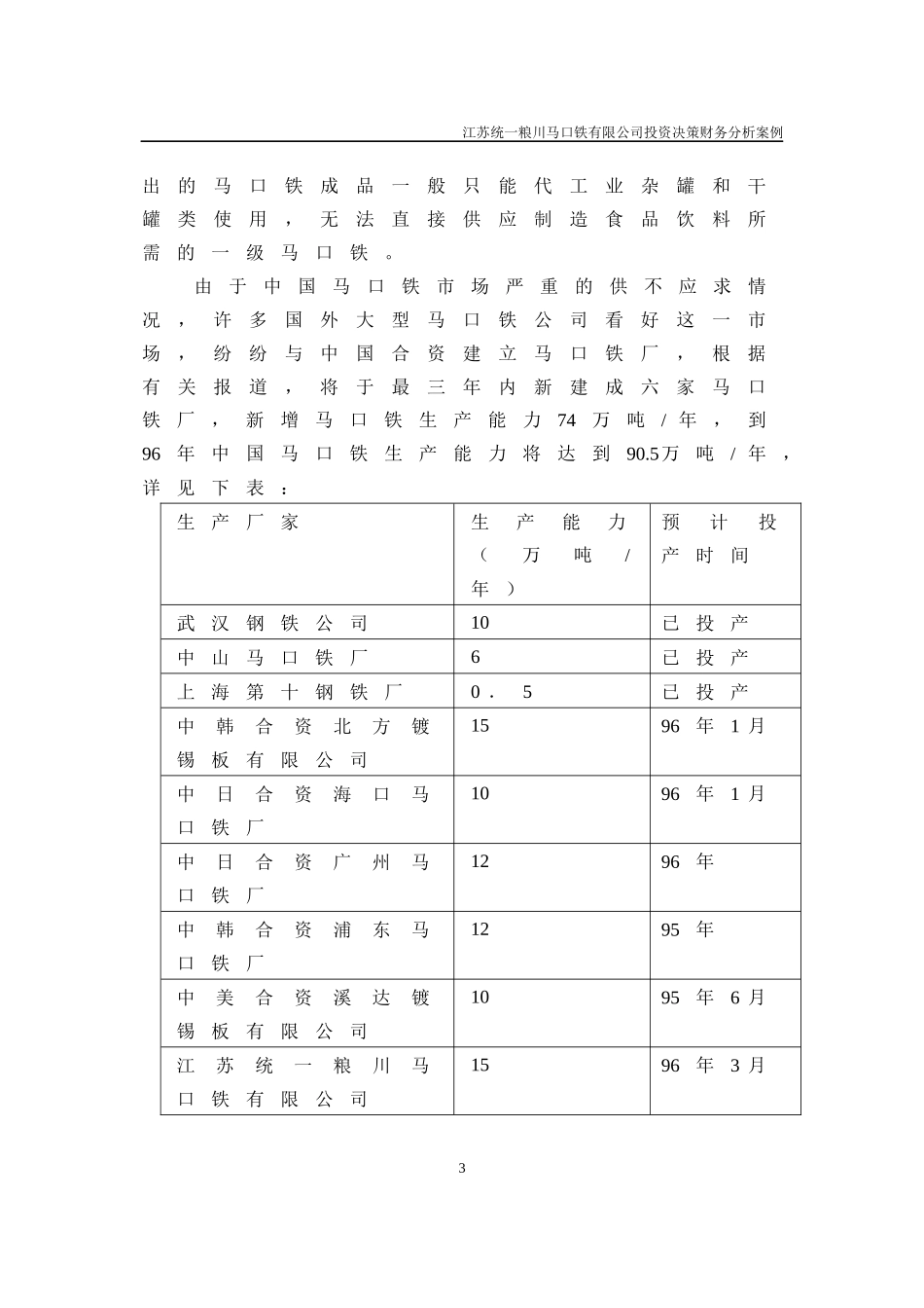 统一粮川马口铁有限公司投资决策财务分析_第3页