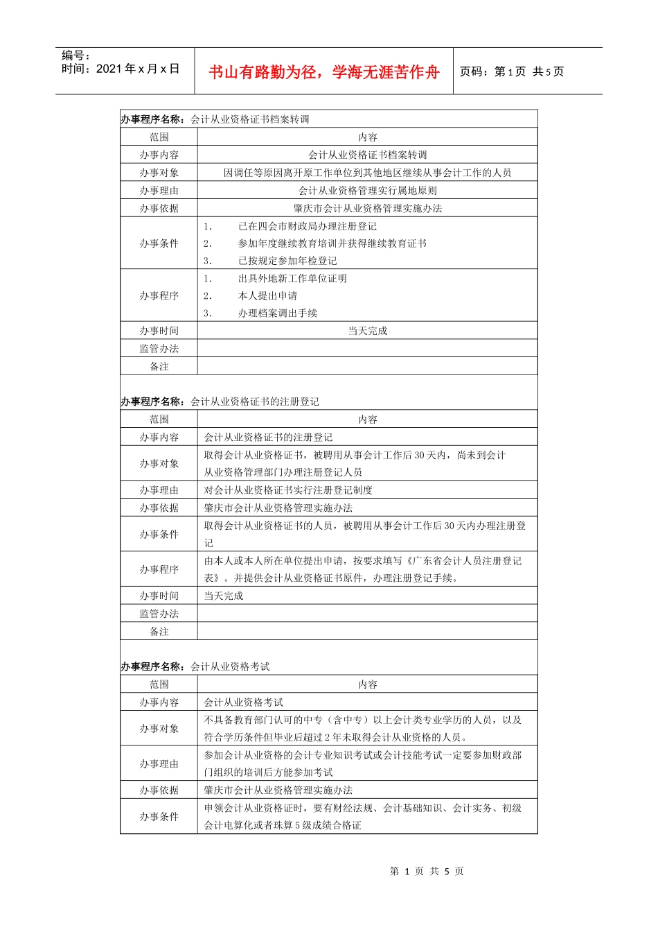 办事程序名称：会计从业资格证书档案转调_第1页