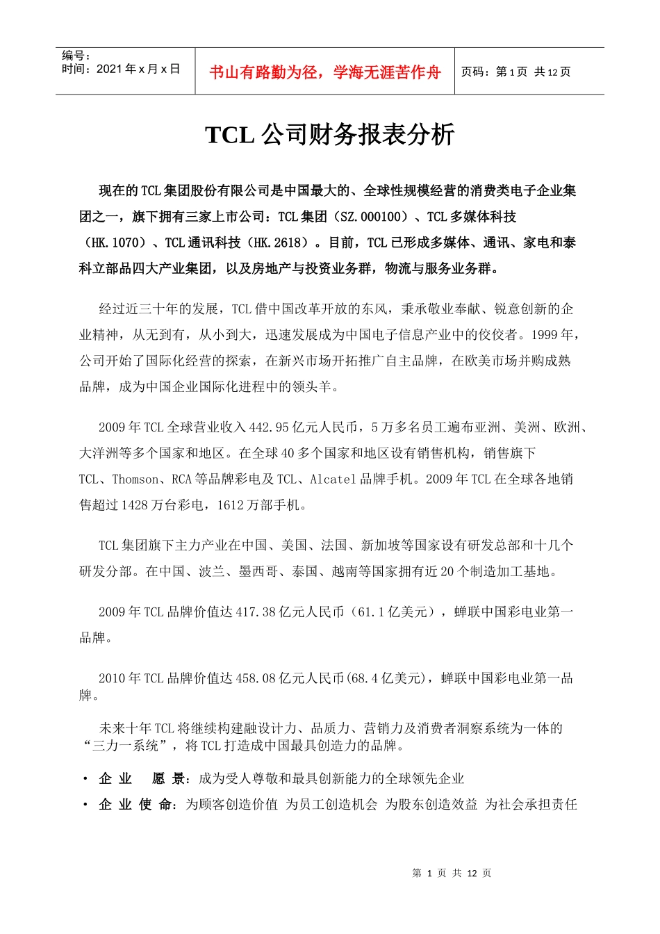 TCL公司财务报表分析_第1页