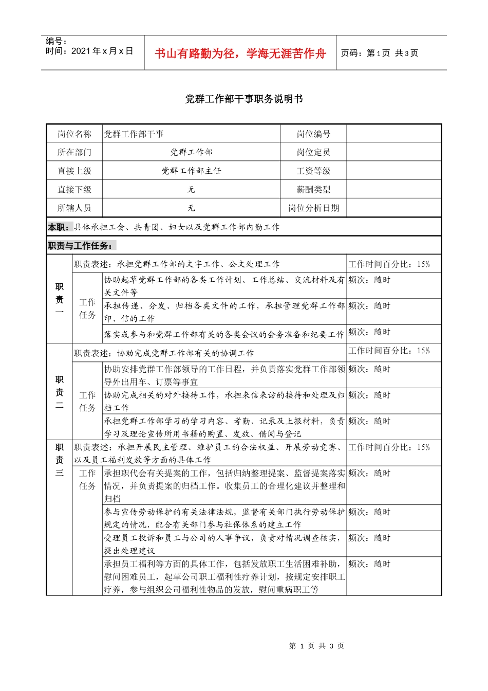 某投资公司党群工作部干事职务说明书_第1页