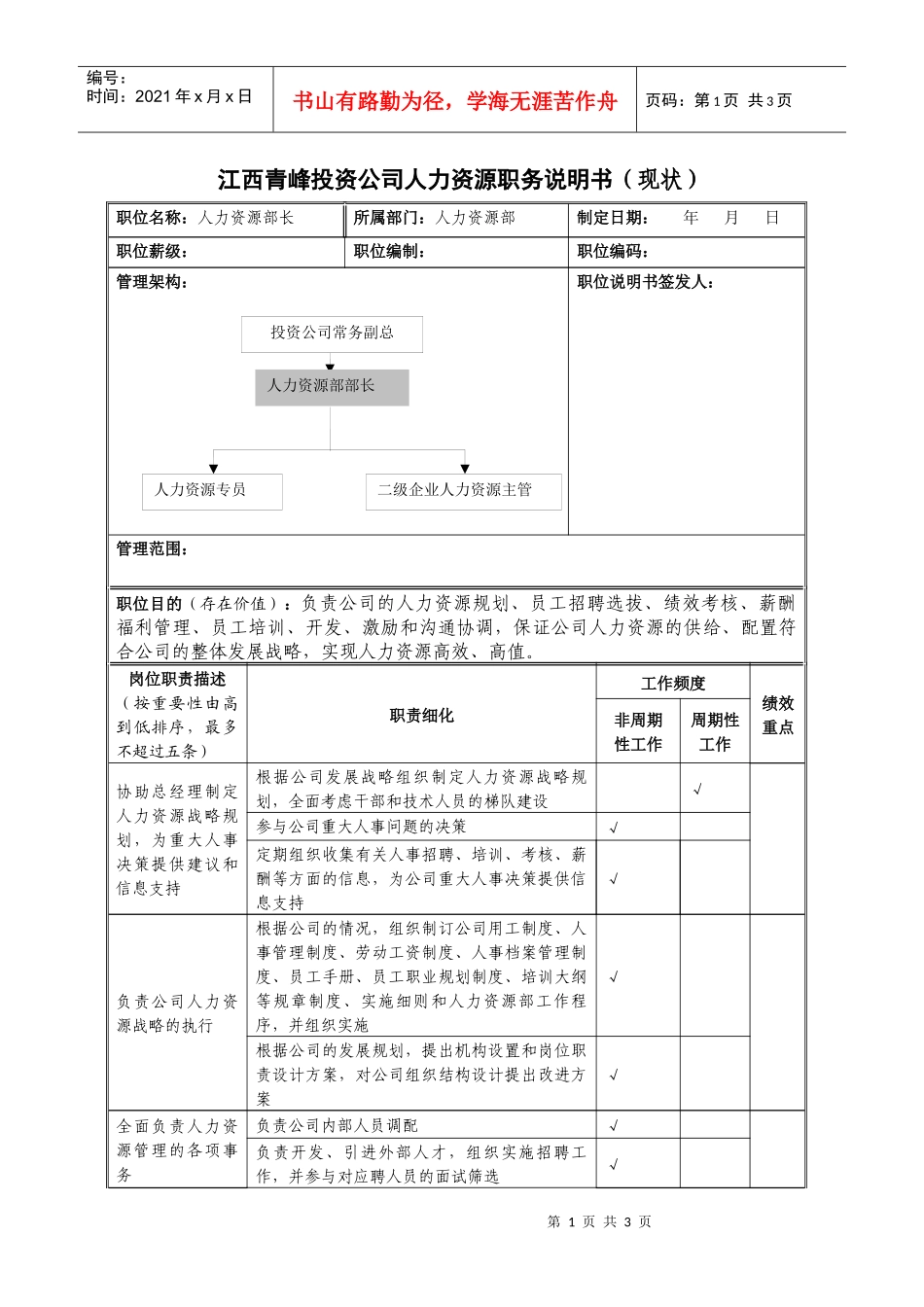 江西青峰投资公司人力资源职务说明书_第1页