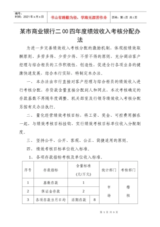 某市商业银行二00四年度绩效收入考核分配办法