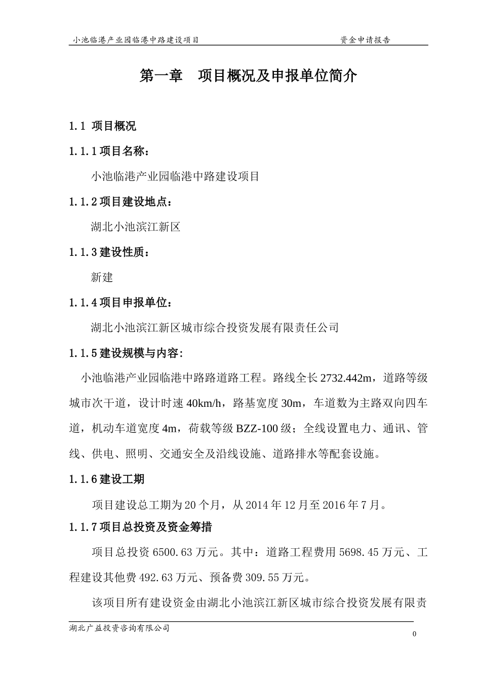 小池临港产业园临港中路资金申请报告_第1页