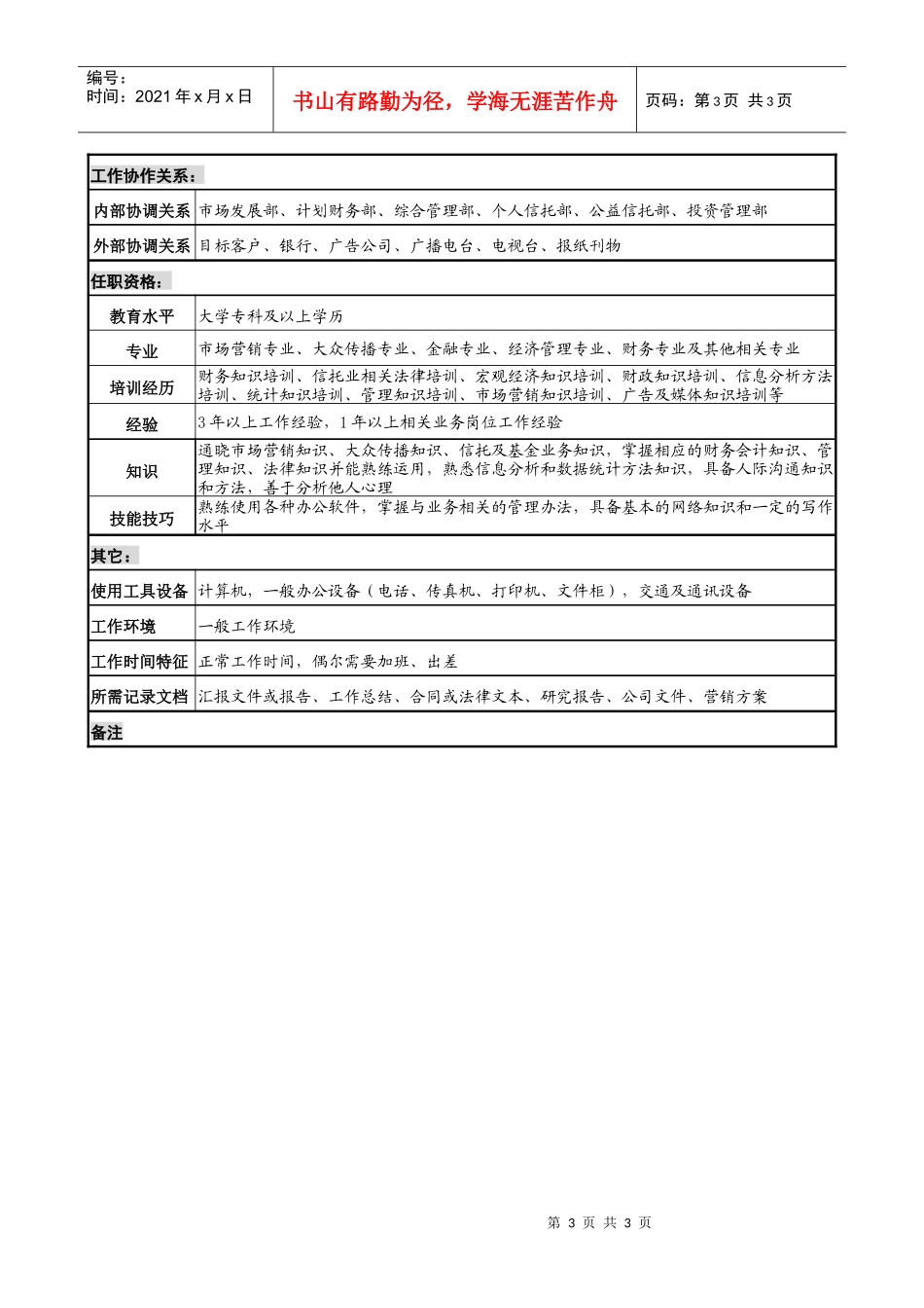 投资公司机构信托部市场营销专责职务说明书_第3页