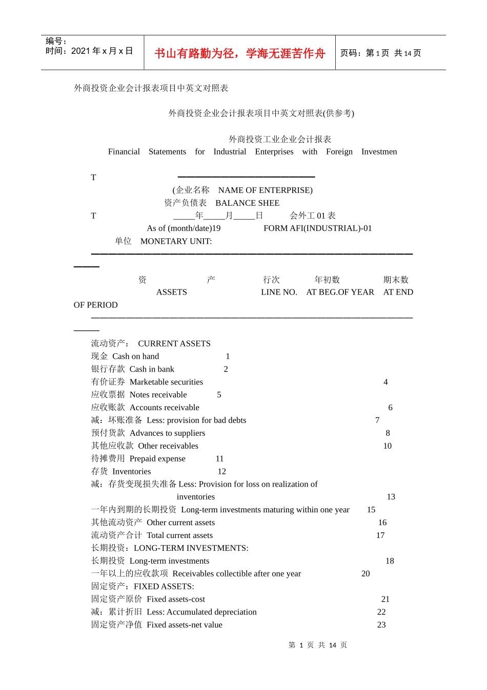 外商投资企业会计报表项目中英文对照表 123_第1页