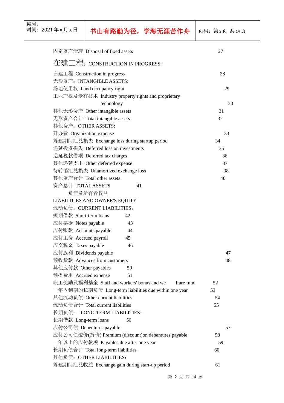 外商投资企业会计报表项目中英文对照表 123_第2页