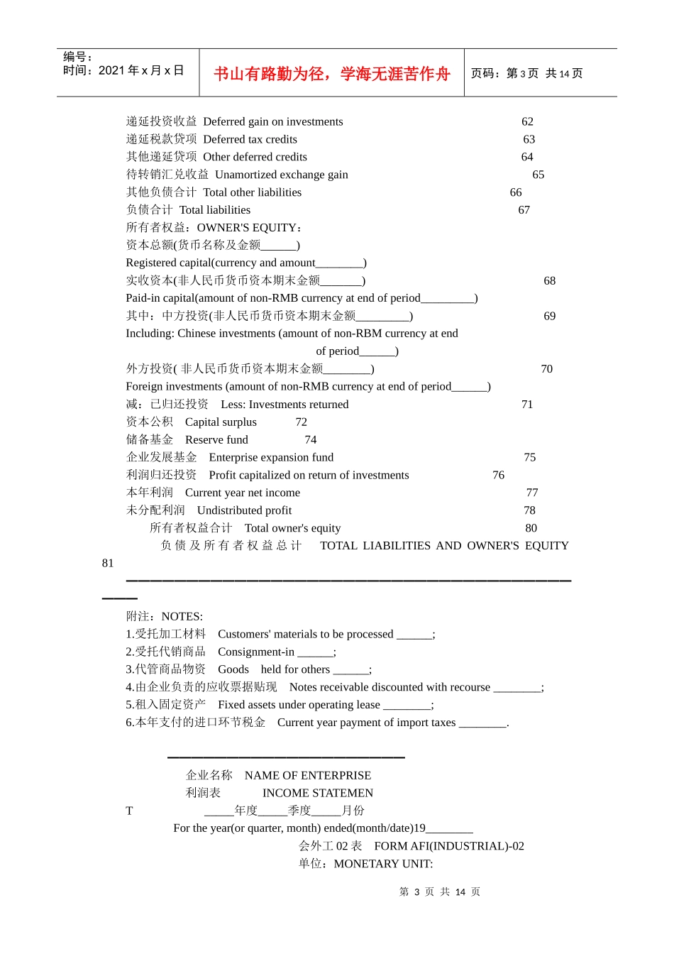 外商投资企业会计报表项目中英文对照表 123_第3页