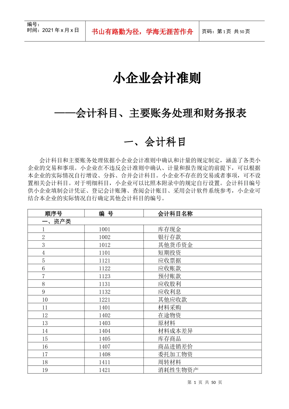 小企业会计准则会计科目表及主要账务处理_第1页