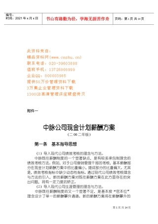 中脉公司现金计划薪酬管理方案分析