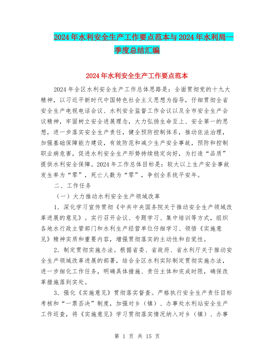 2024年水利安全生产工作要点范本与2024年水利局一季度总结汇编_第1页