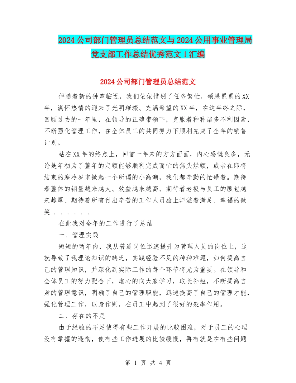 2024公司部门管理员总结范文与2024公用事业管理局党支部工作总结优秀范文1汇编_第1页