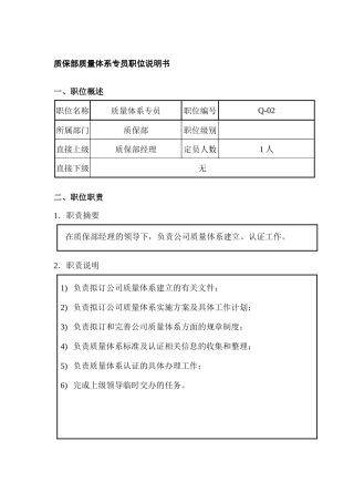 质保部质量体系专员职位说明书