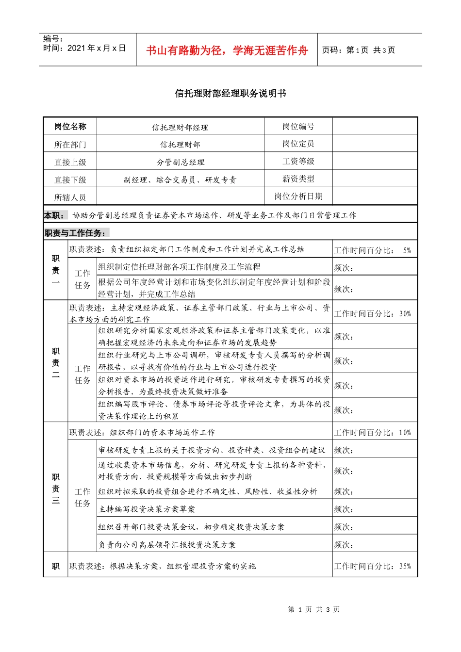 信托投资公司信托理财部经理职务说明书_第1页