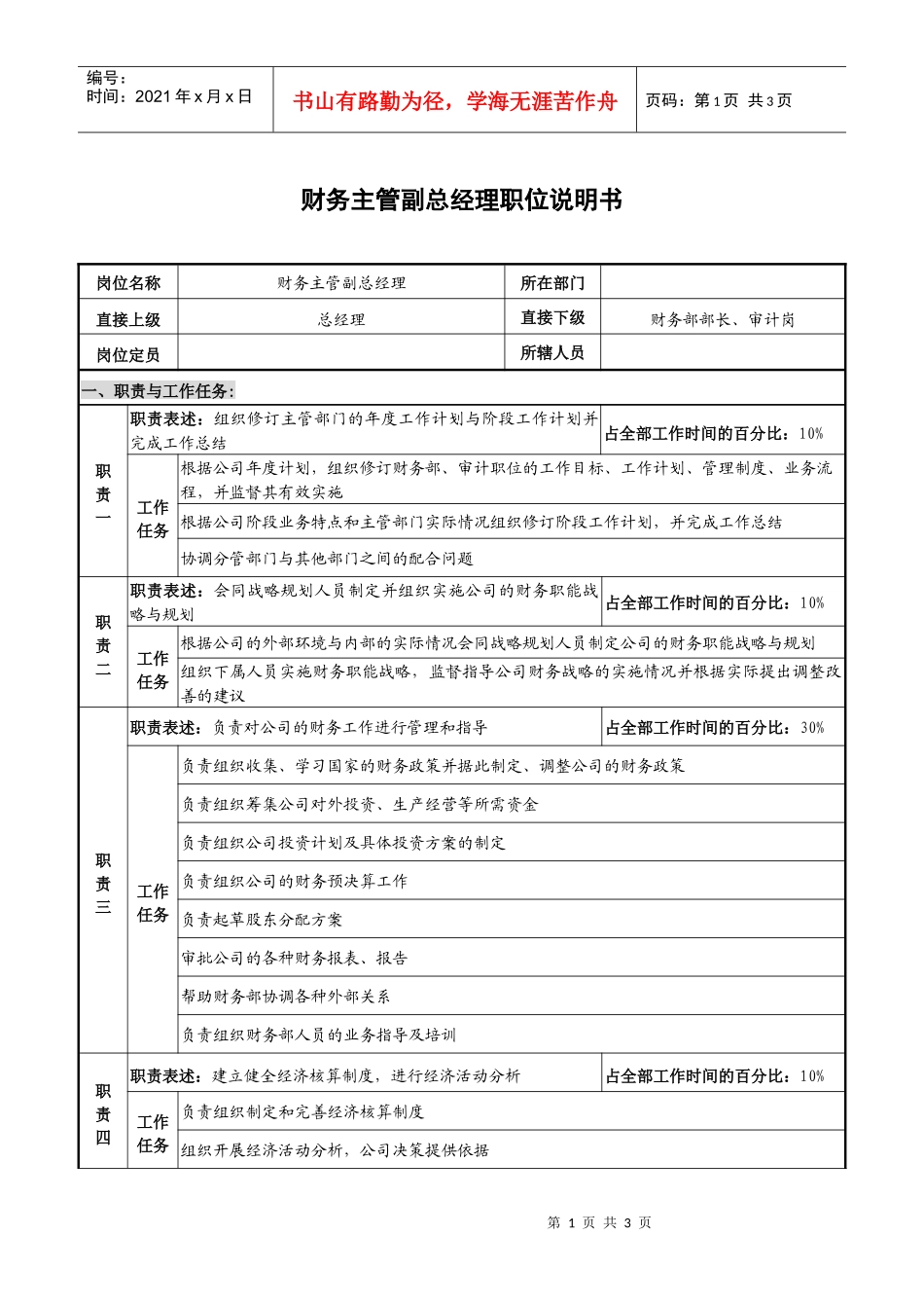光学仪器企业财务主管副总经理职位说明书_第1页