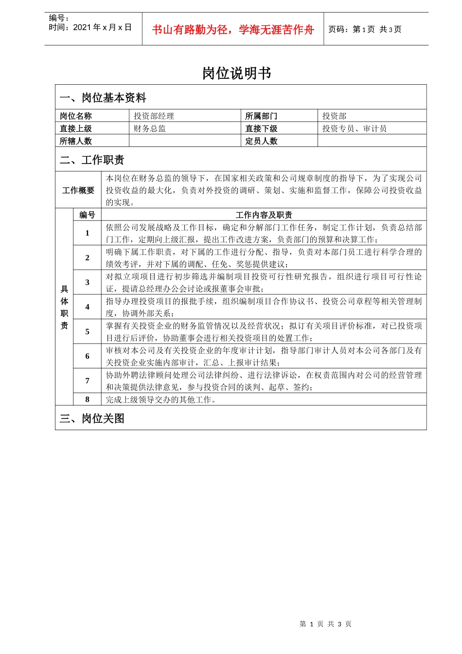 投资部经理岗位说明书_第1页