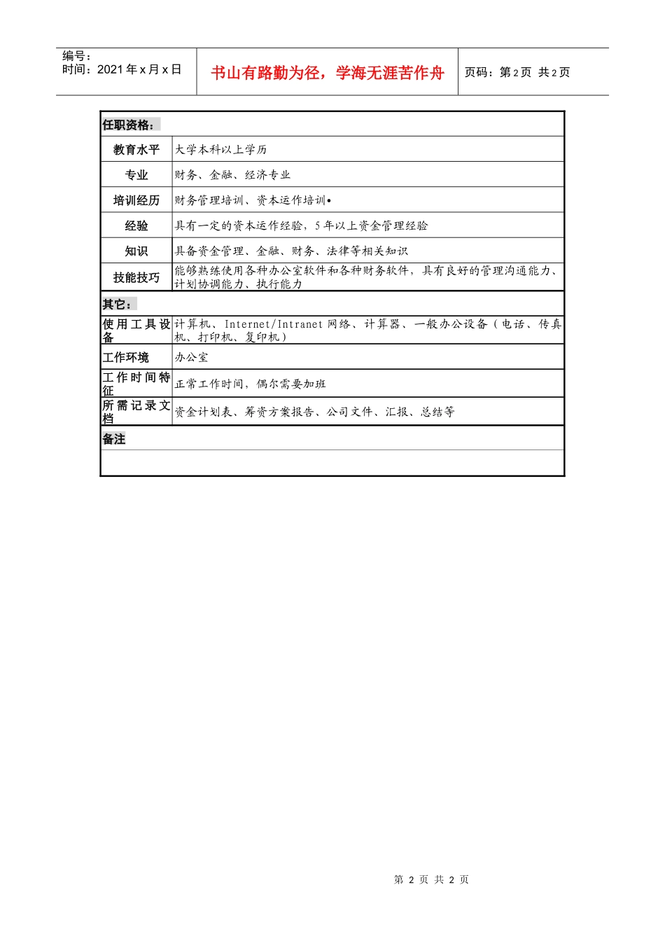 某地产企业资金管理中心主任岗位说明书_第2页