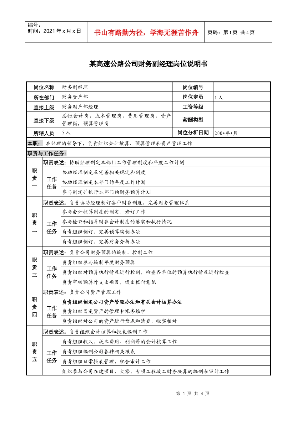 某高速公路公司财务副经理岗位说明书_第1页