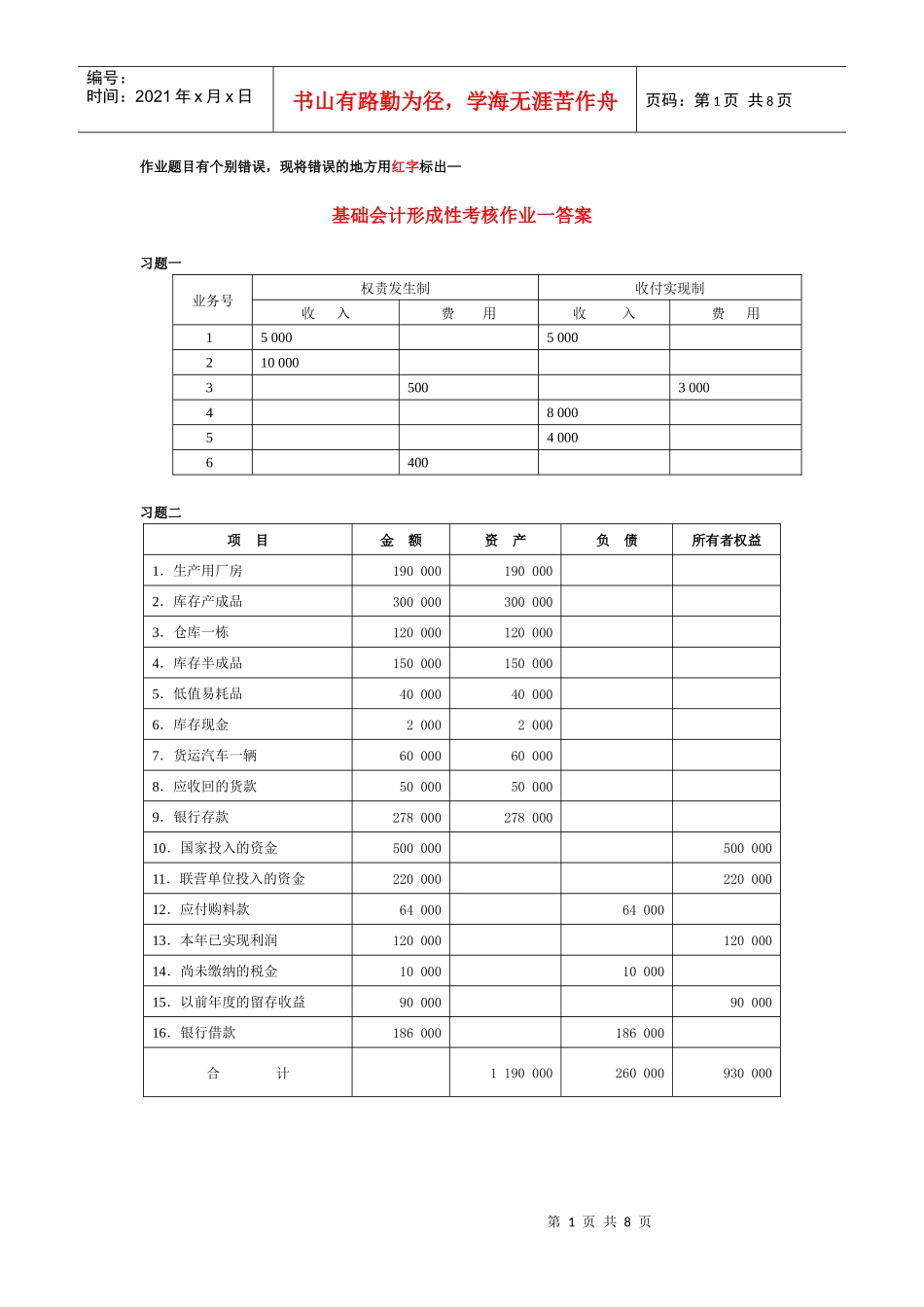 基础会计形成性考核作业一答案_第1页
