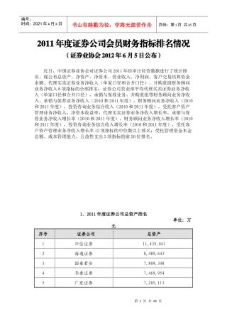 XXXX年度证券公司会员财务等综合指标排名表