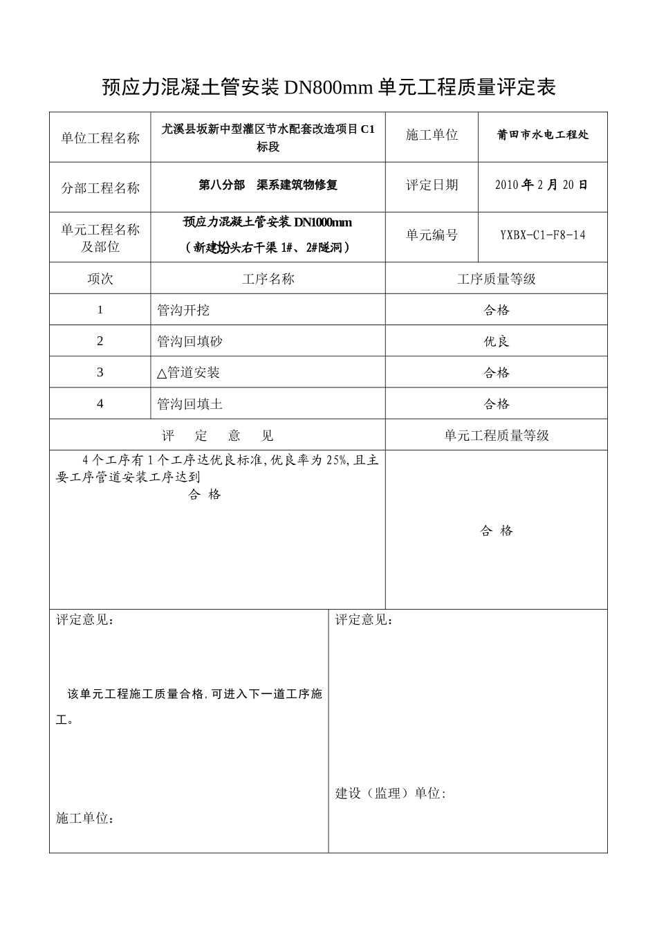 预制砼排污管单元工程质量评定表_第1页