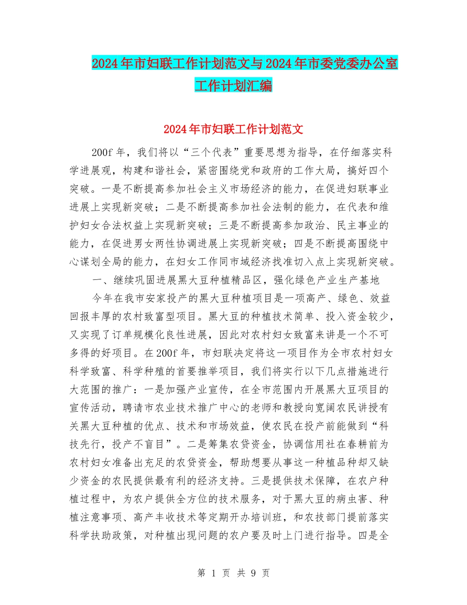 2024年市妇联工作计划范文与2024年市委党委办公室工作计划汇编_第1页
