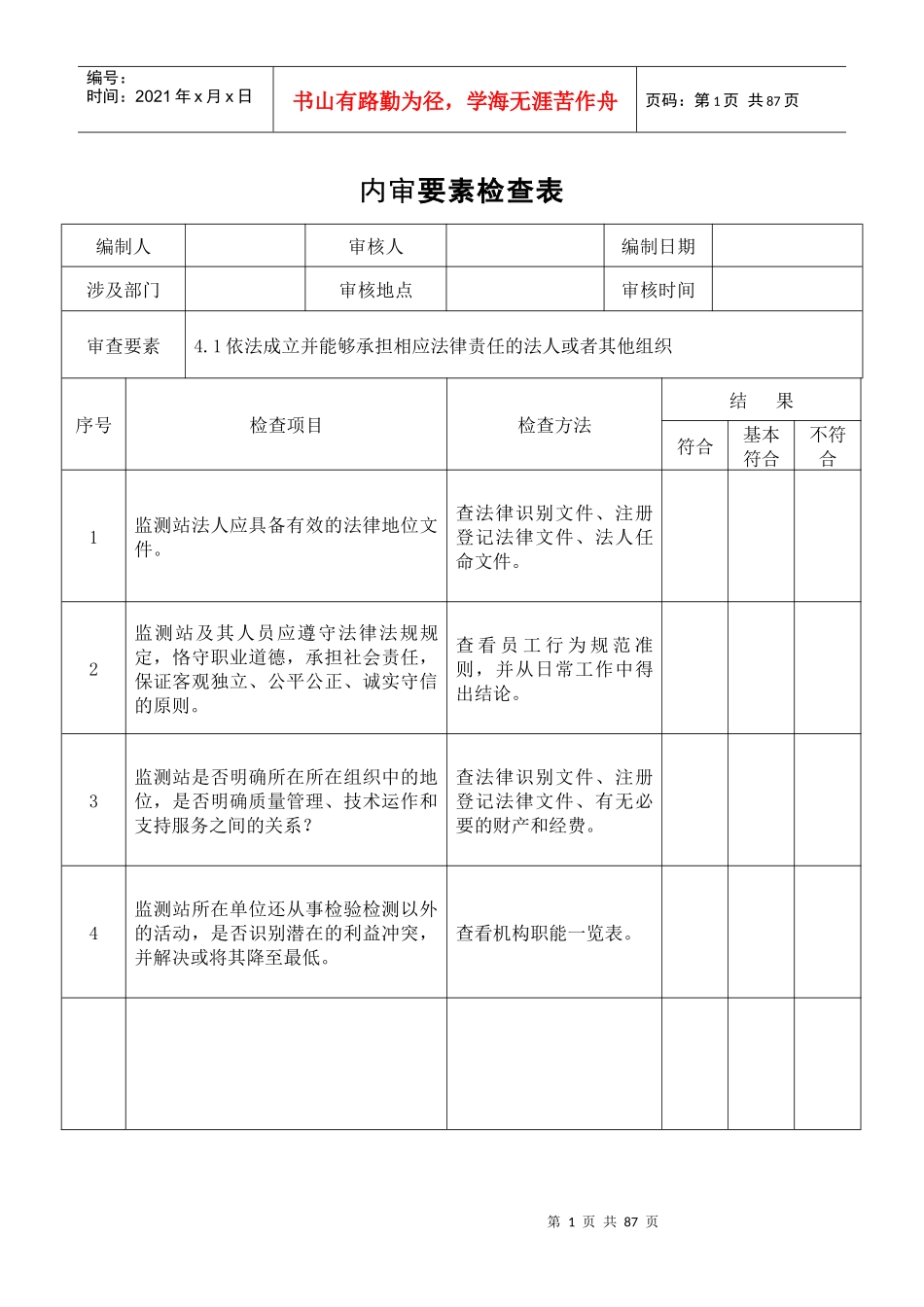 XXXX年4月9日新版评审准则实验室内审要素检查表_第1页