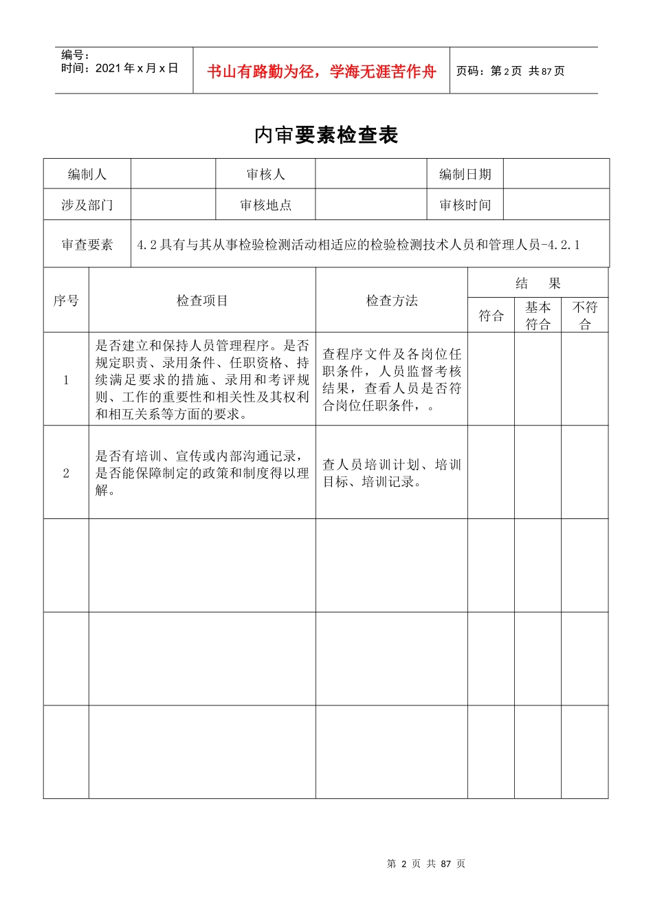 XXXX年4月9日新版评审准则实验室内审要素检查表_第2页