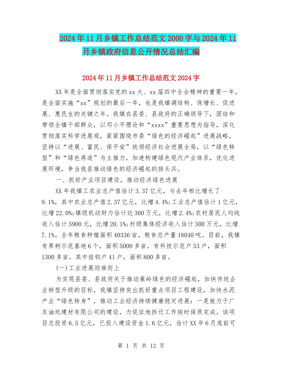 2024年11月乡镇工作总结范文2000字与2024年11月乡镇政府信息公开情况总结汇编_第1页