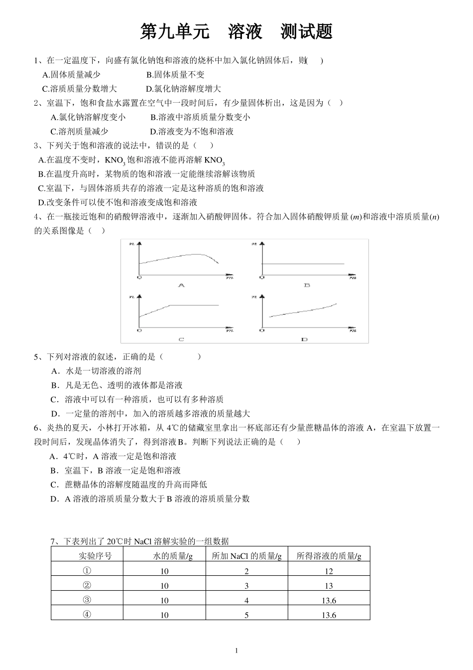 溶液测试题含答案_第1页
