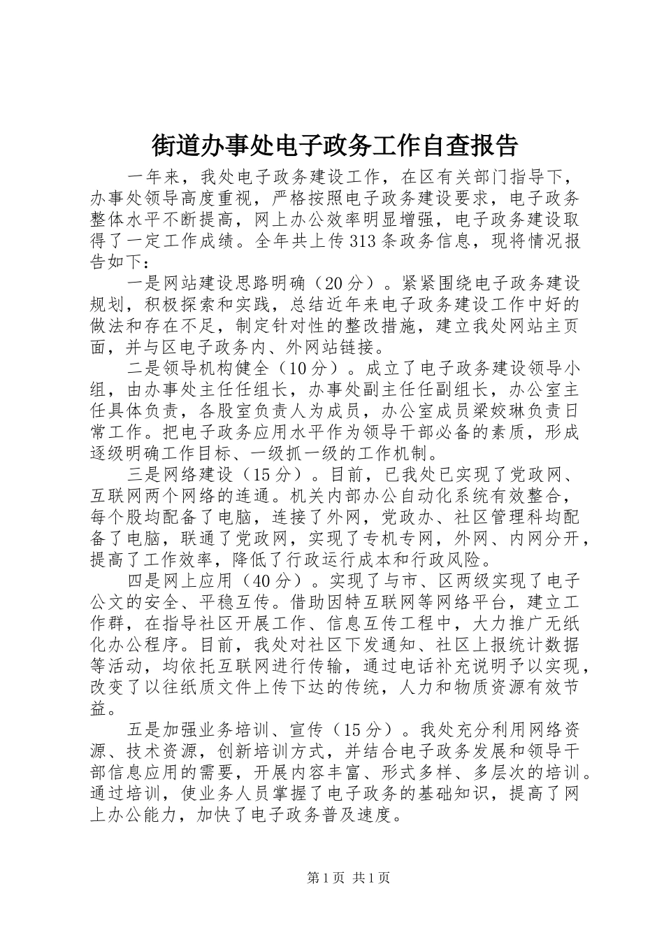 街道办事处电子政务工作自查报告_第1页