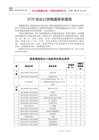 快讯3770项出口货物退税率提高