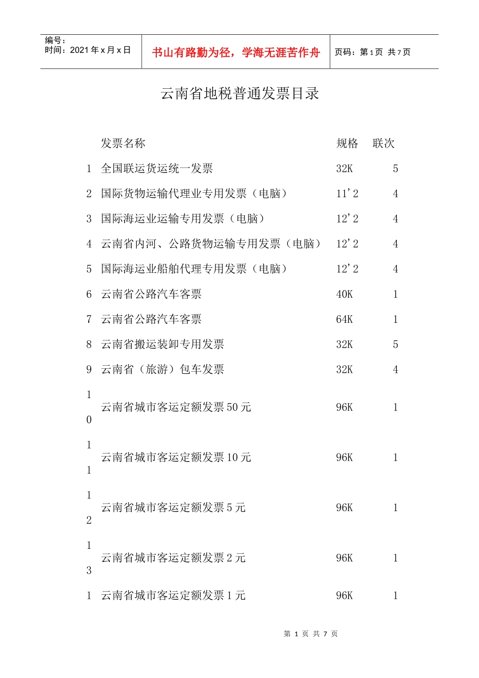 云南省地税普通发票目录_第1页