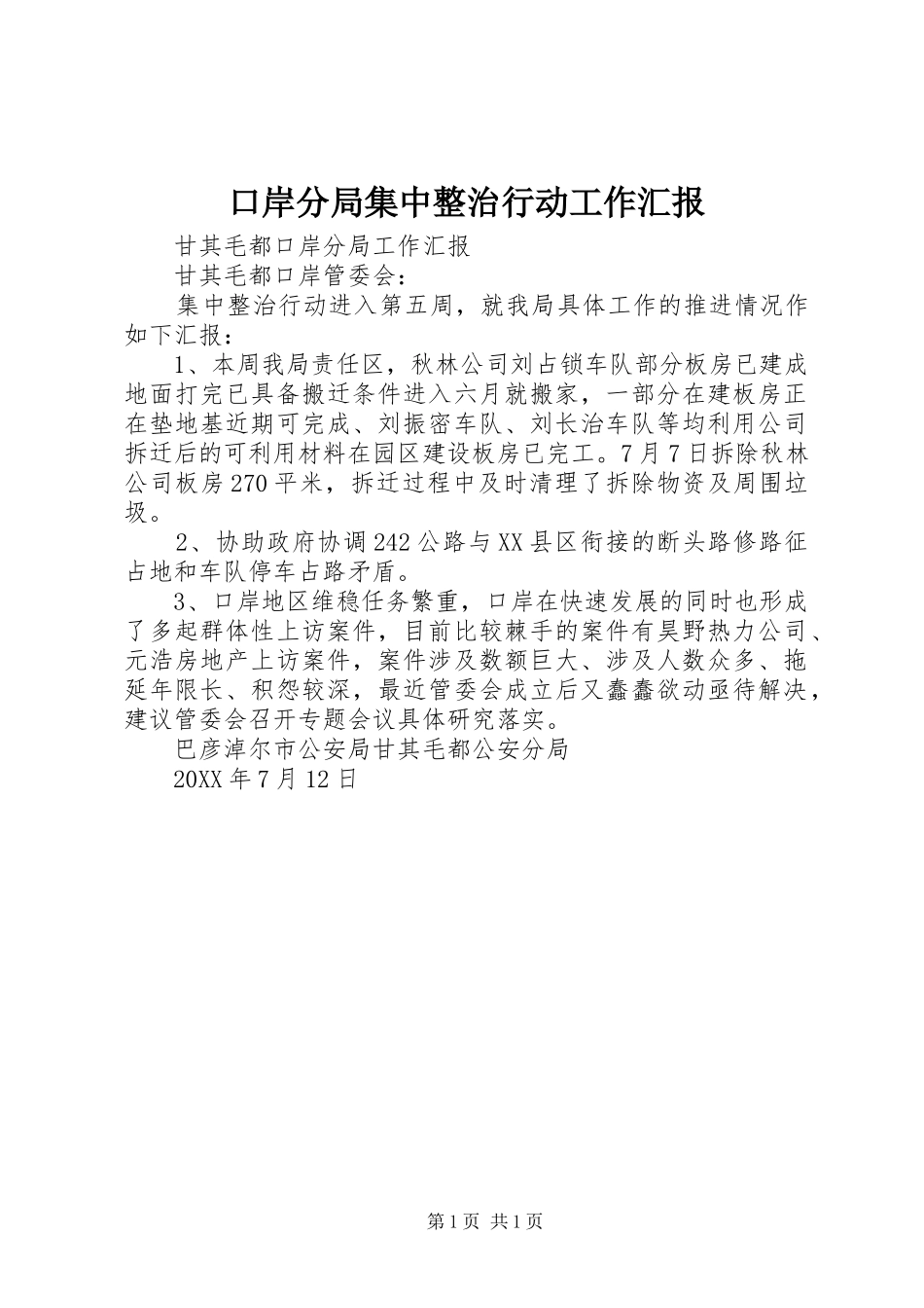 口岸分局集中整治行动工作汇报_第1页