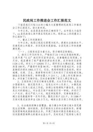 民政局工作推进会工作汇报范文