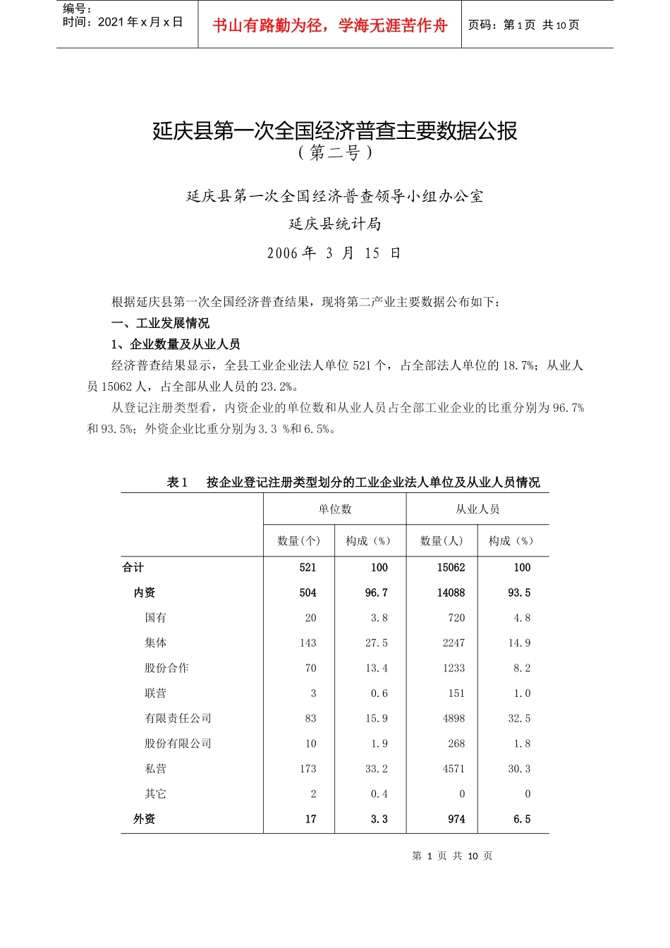 延庆县第一次全国经济普查主要数据公报_第1页