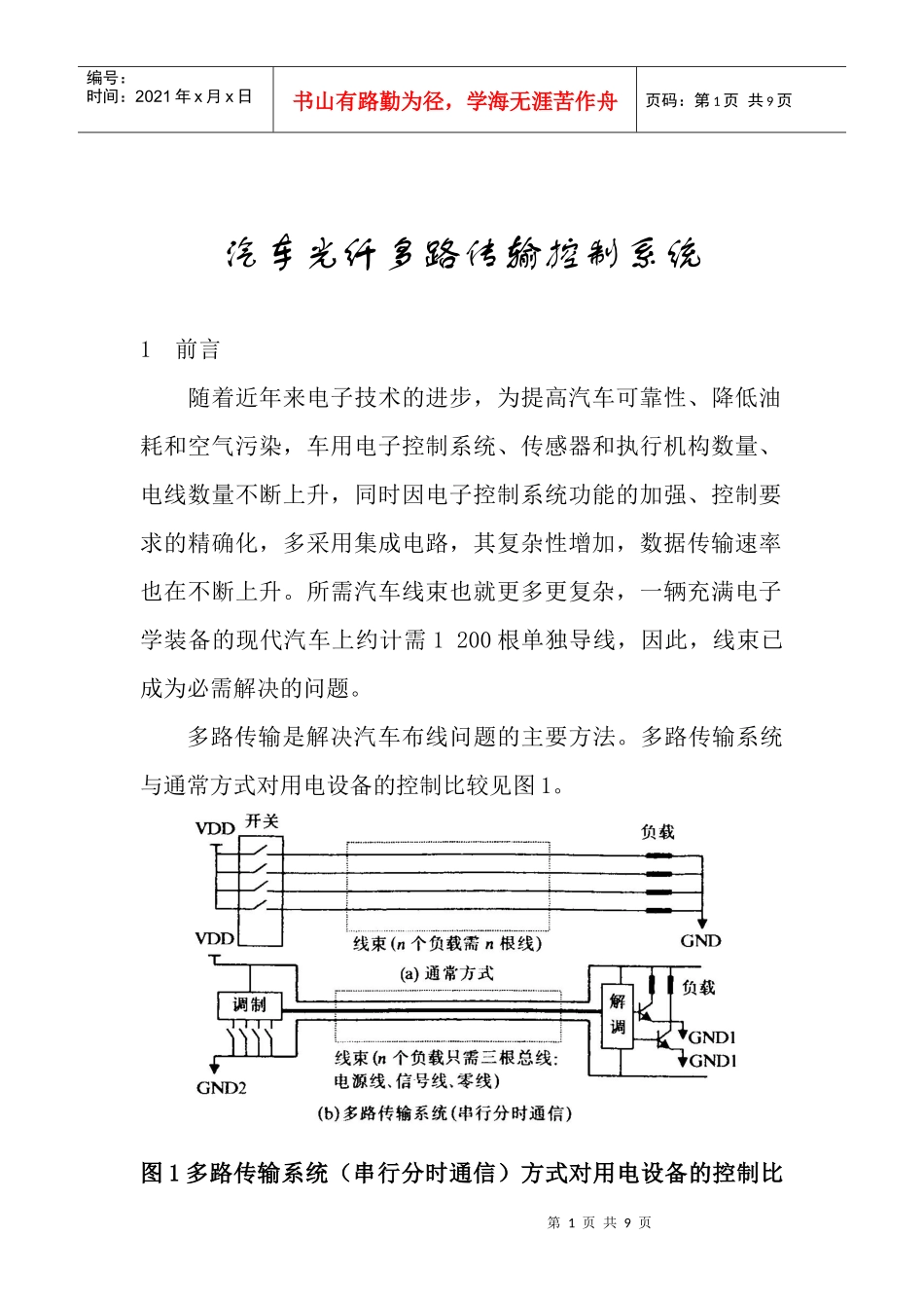 汽车光纤多路传输控制系统o_第1页