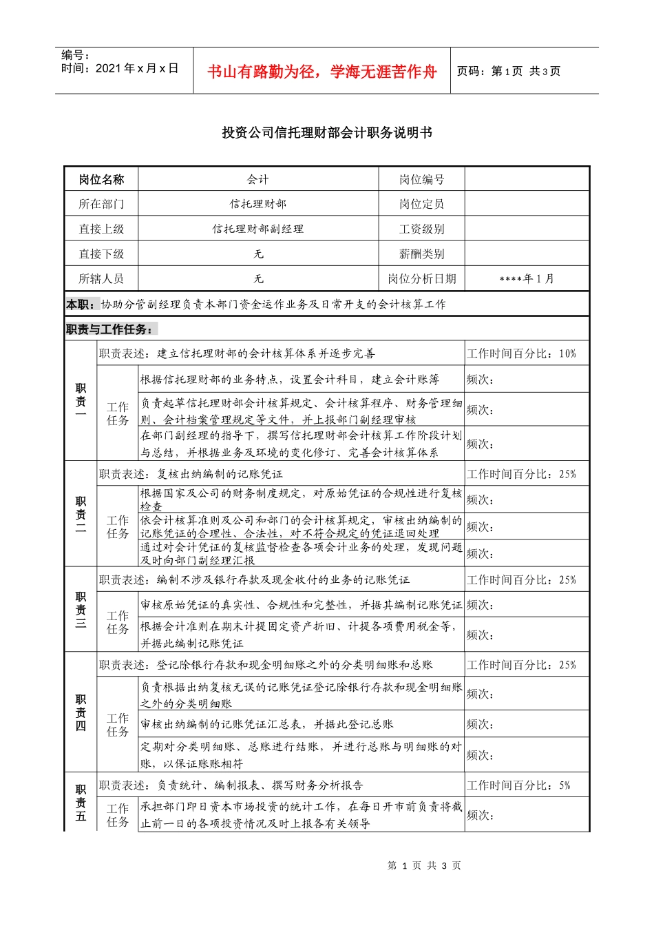 投资公司信托理财部会计职务说明书._第1页