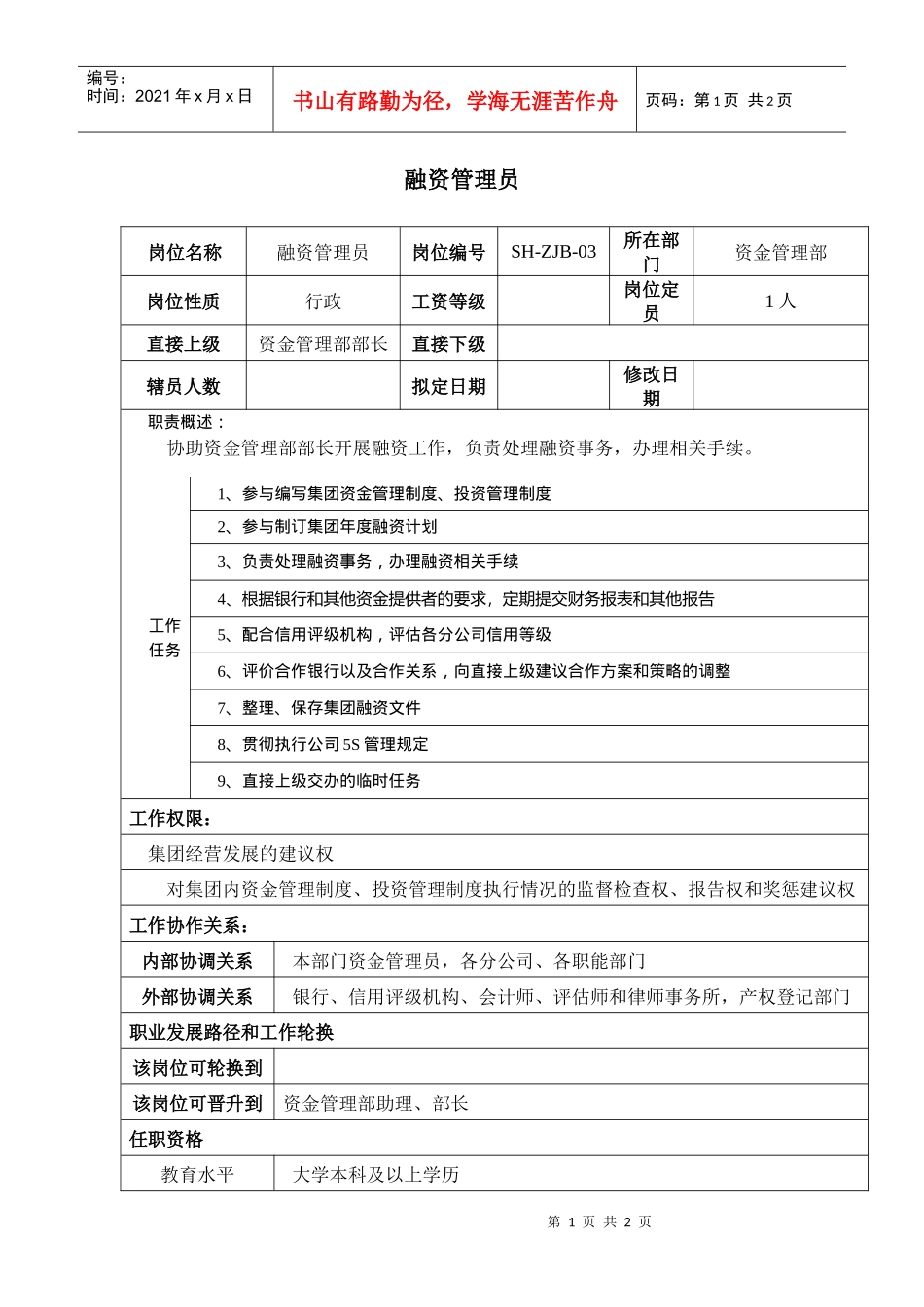 某汽车集团资金管理部融资管理员岗位说明书_第1页