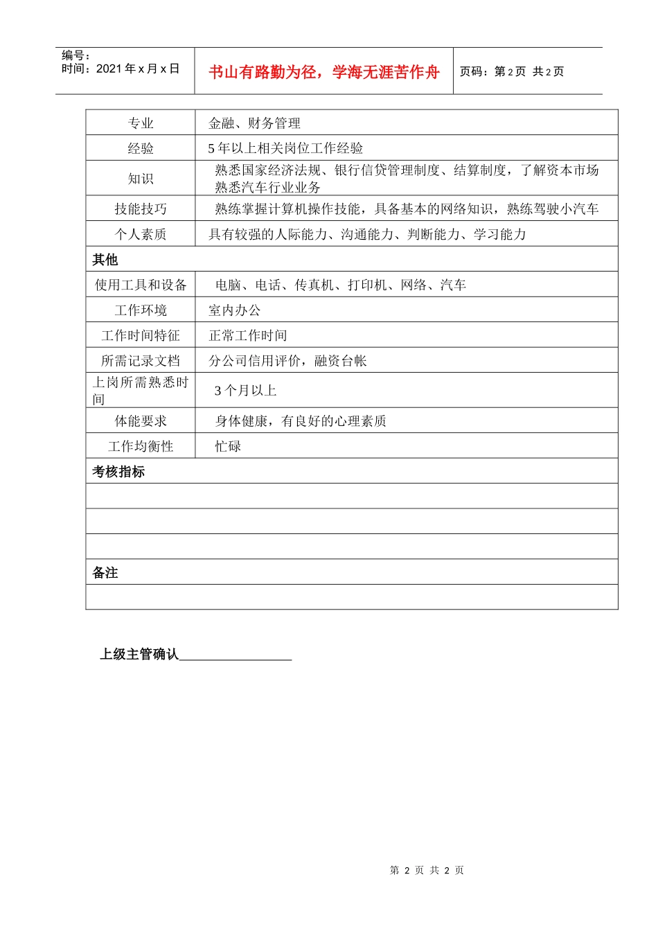 某汽车集团资金管理部融资管理员岗位说明书_第2页